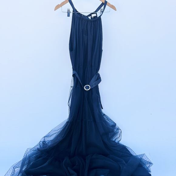 Zara Tulle Tiered Swiss Dot Gown Maxi Holiday Dress Black Belted Witchy Small - Picture 2 of 11